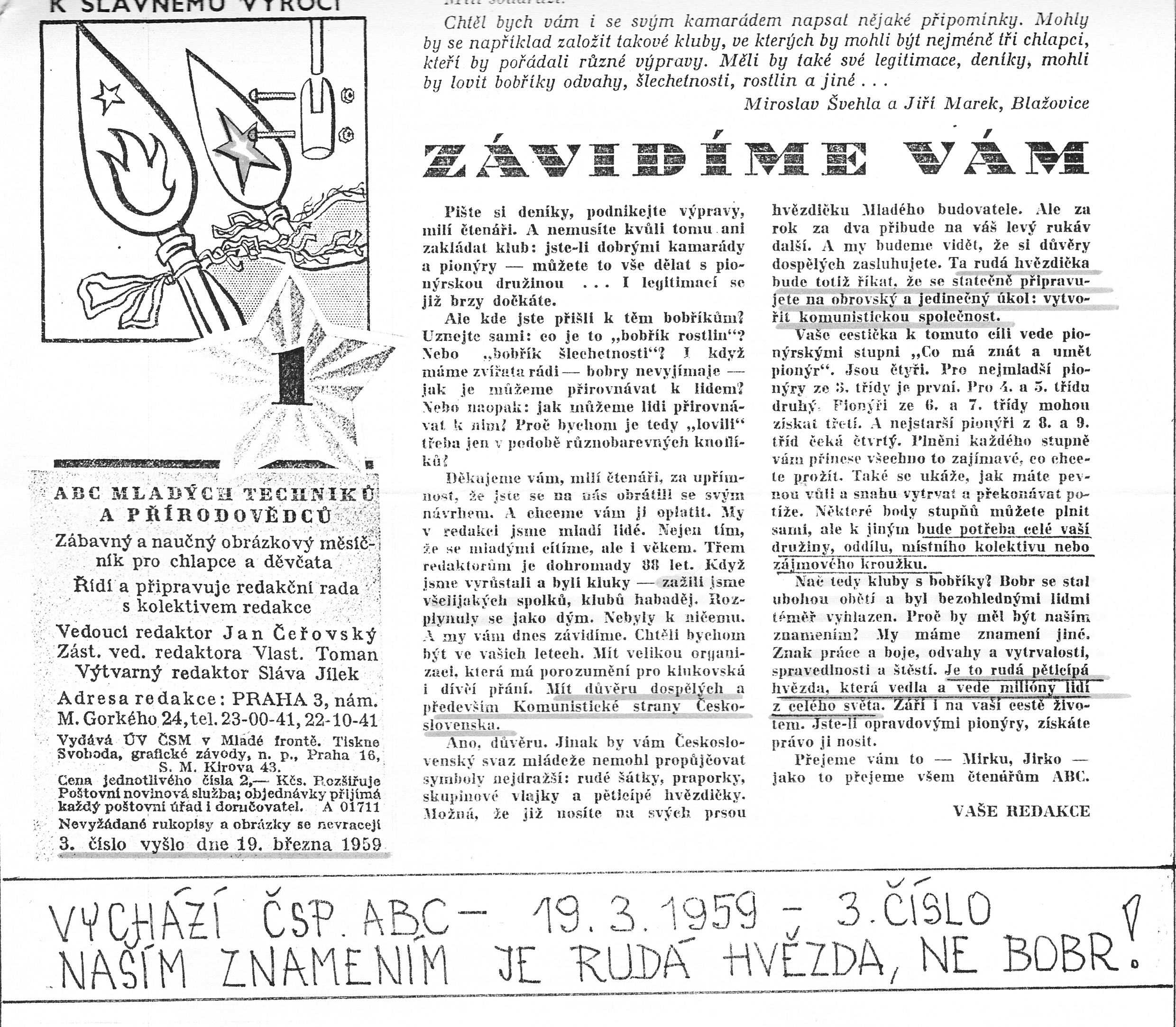 Obrázek ke článku Naším znamením je <font color=red>RUDÁ HVĚZDA</font>, ne BOBR - 19. března 1959 vyšlo 3. číslo časopisu Abc mladých techniků a přírodovědců